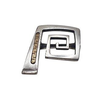 Vintage Modernist Silver Gold Tone Geometric Scarf Slide Greek Key Design 16.87g